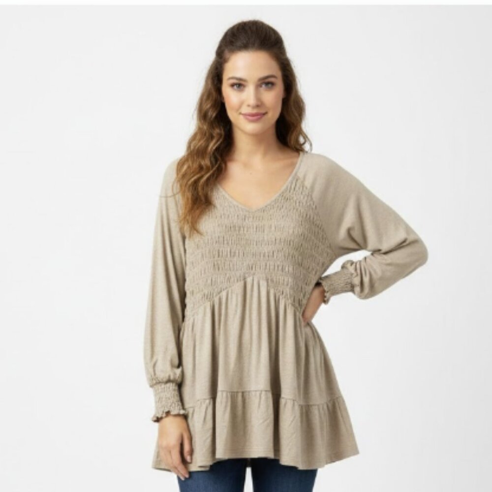 New Jane and Delancey Blouse size Large Stretch Smocked Ruffle Hem Long Sleeve